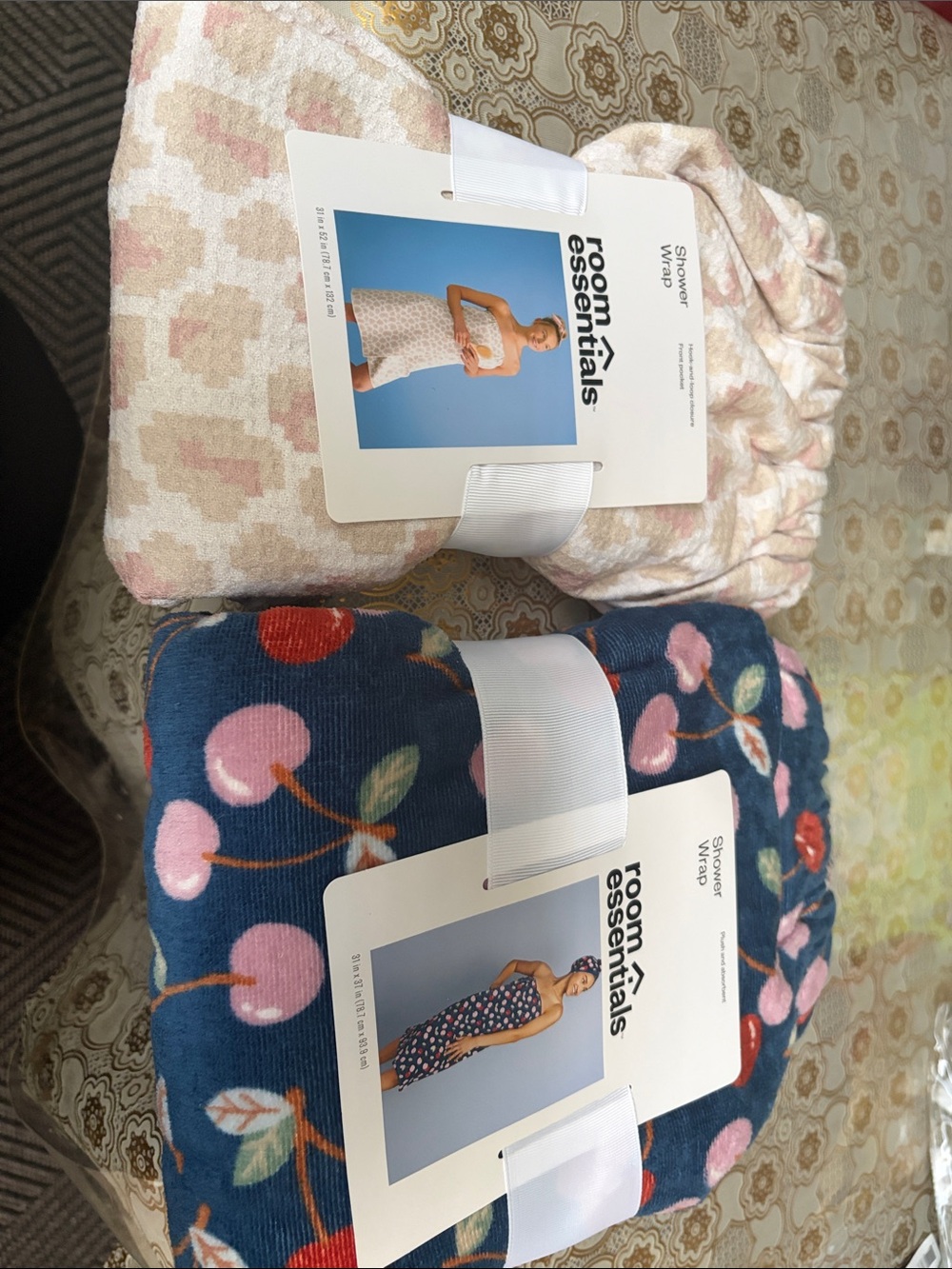 Room Essentials Navy Cherry & Pink and Blush Patterned Shower Wraps (2)